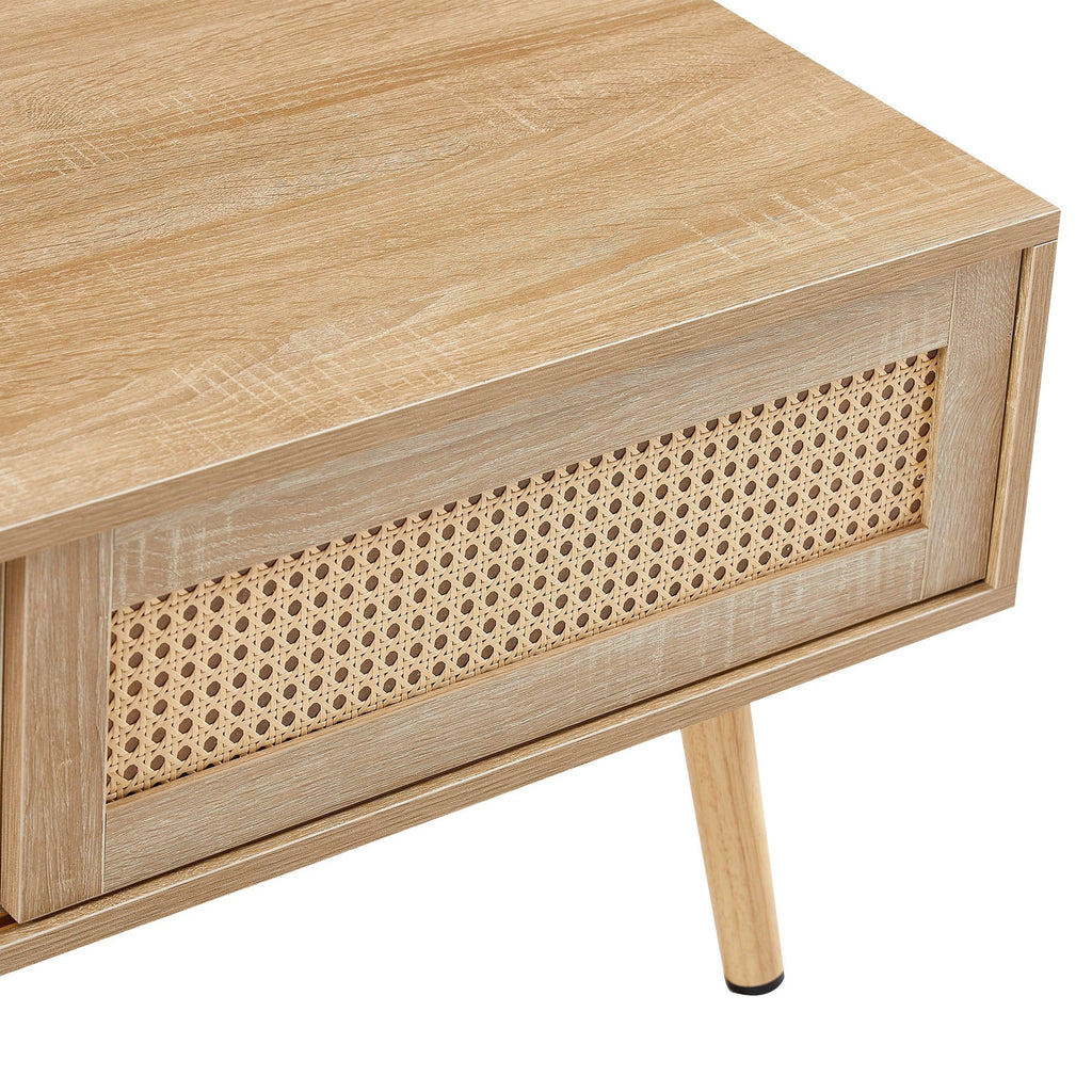 Modern Coffee Table with Storage, 41.3 Inch Rectangle Wooden Accent Center Sofa Table with Sliding PE Rattan Woven