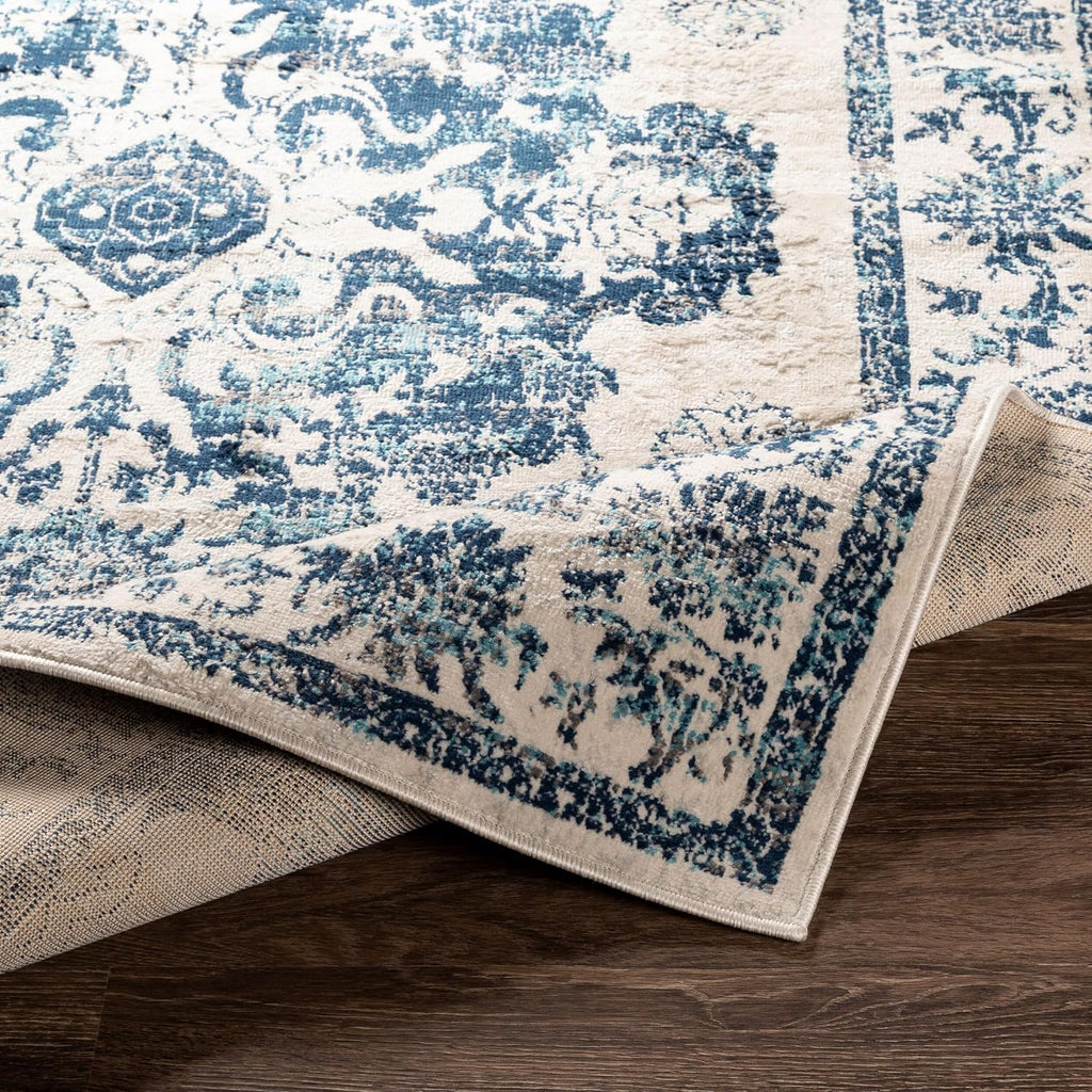 Area Rugs - Delney Vintage Boho Blue Rug Bedroom - Beige Gray Floral Medallion Stain Resistant Carpet (5'3" x