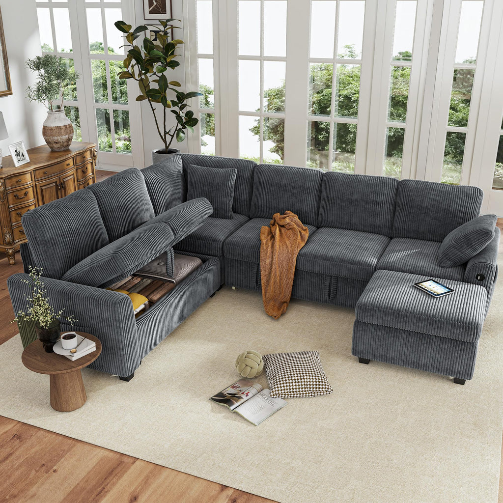 106" Sectional Sofa with Pull Out Couch Bed, 6 Seater Corduroy Sleeper Sofa with Storage Ottoman & USB Charging, Comfy