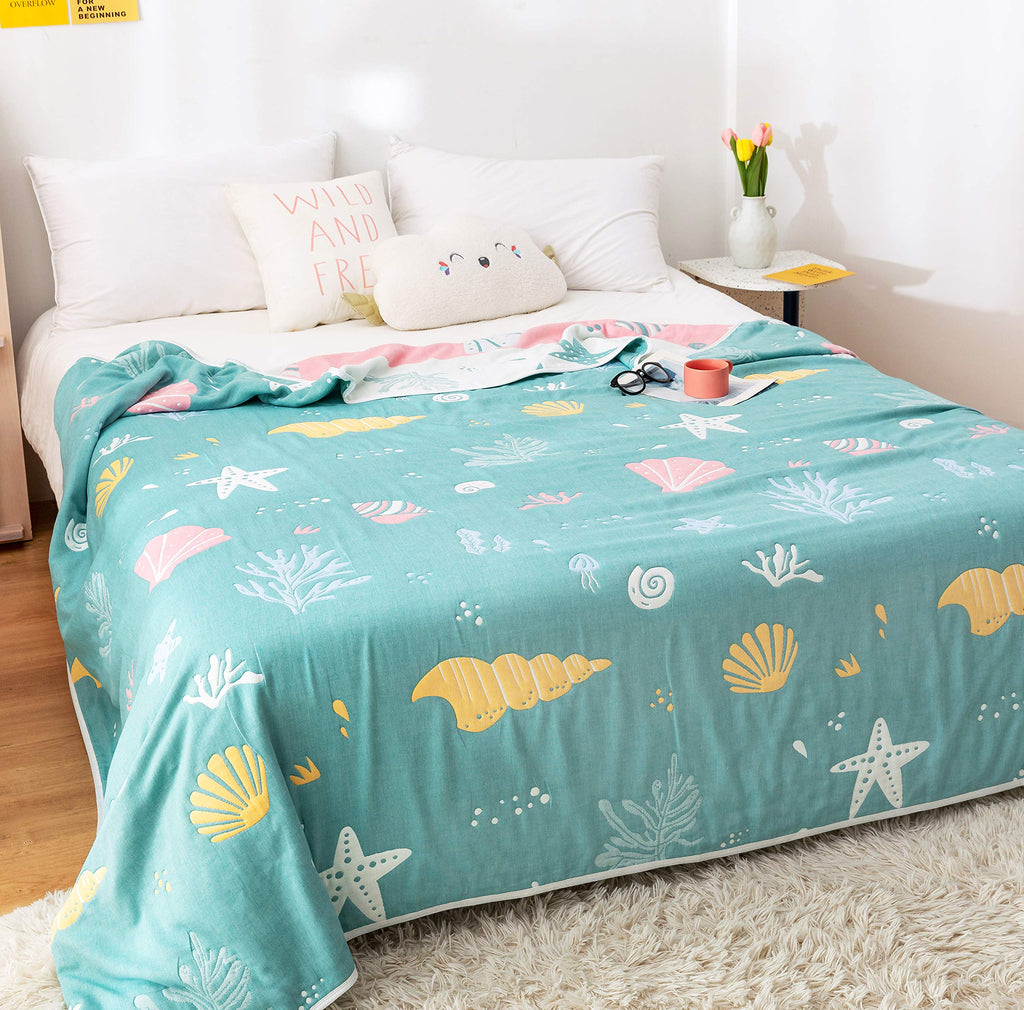 Coral Conch Starfish Shell Muslin Wrap Blanket Reversible 100% Cotton 6 Layer Quilt Bed Blanket Soft Warm Throw