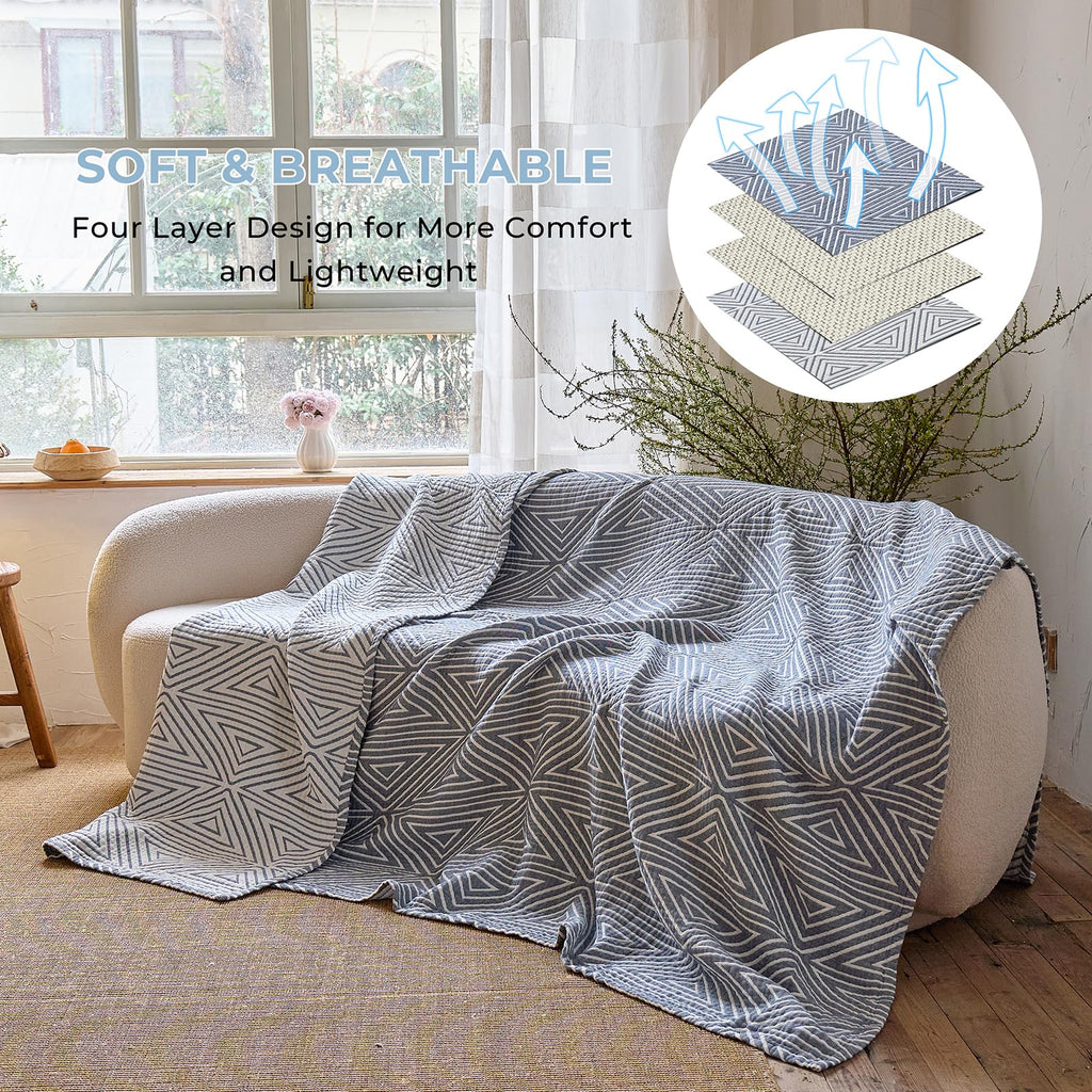 100% Cotton Geometric Reversible Muslin Blanket 60"×80" Blue