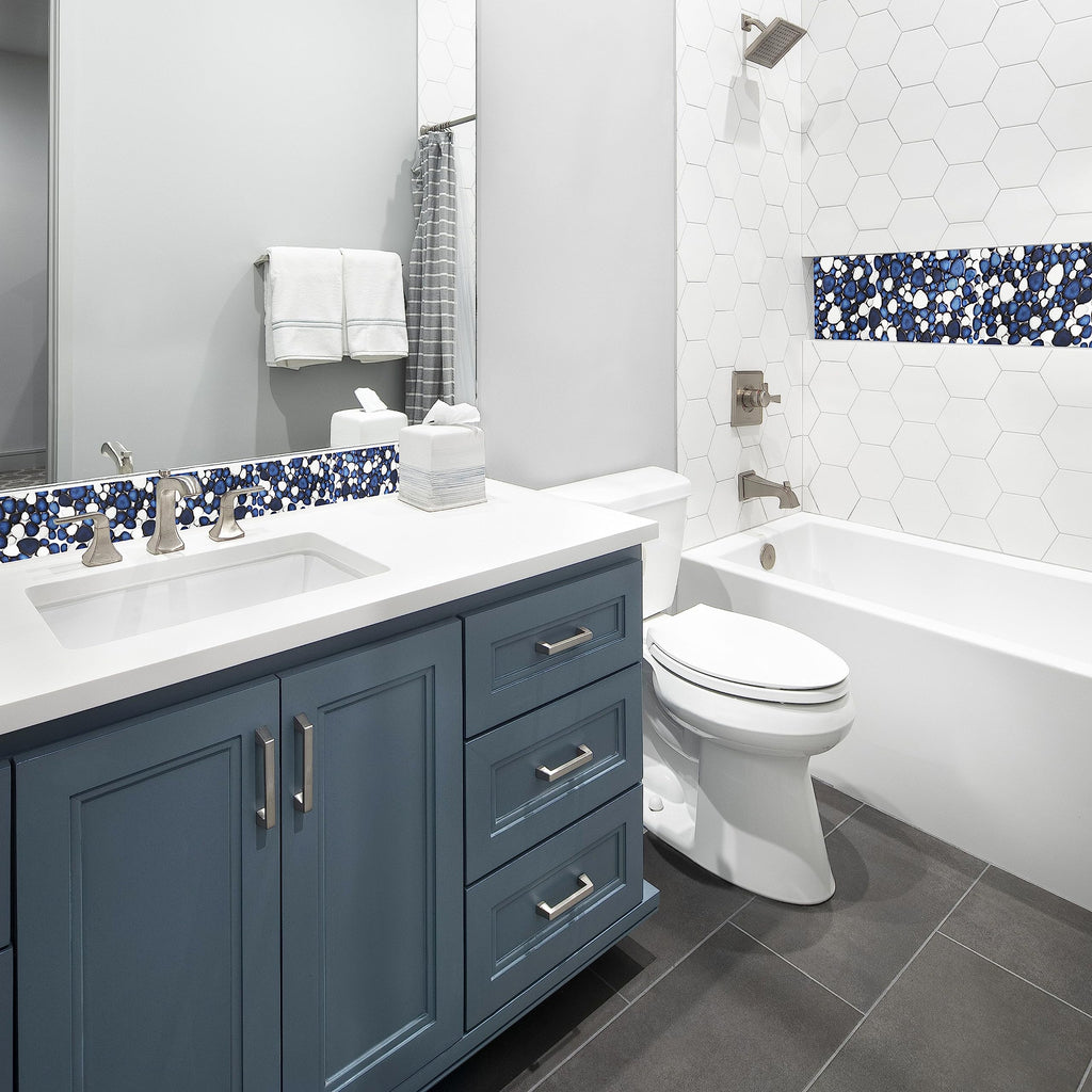 Pebble Ceramic Tiles 5 Sheets, Heart-Shaped 12x12 Floor Tile Ceramic, Dark Blue Mosaic Tiles Mesh Mounted, Waterproof