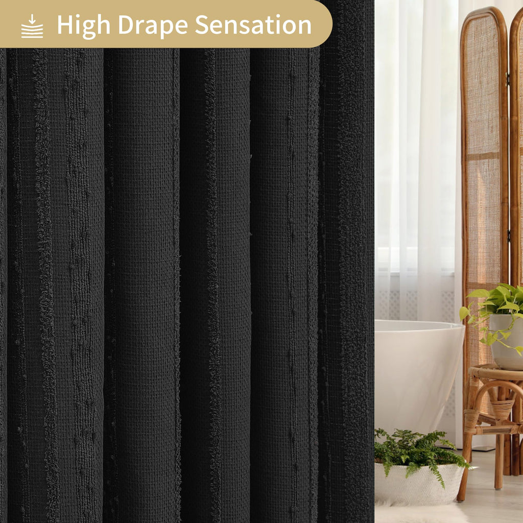 Extra Long Black Shower Curtain Boho, 72 x 84 Cotton Blend Waffle Weave Stripe Textured Heavy Duty, Fabric Shower