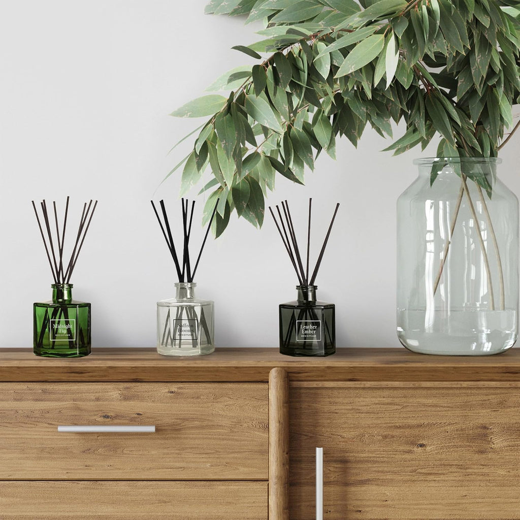 Reed Diffuser Set, Three 6 fl oz Glass Filled Diffuser, Highly Concentrated Fragrances with Essential Oils, Home