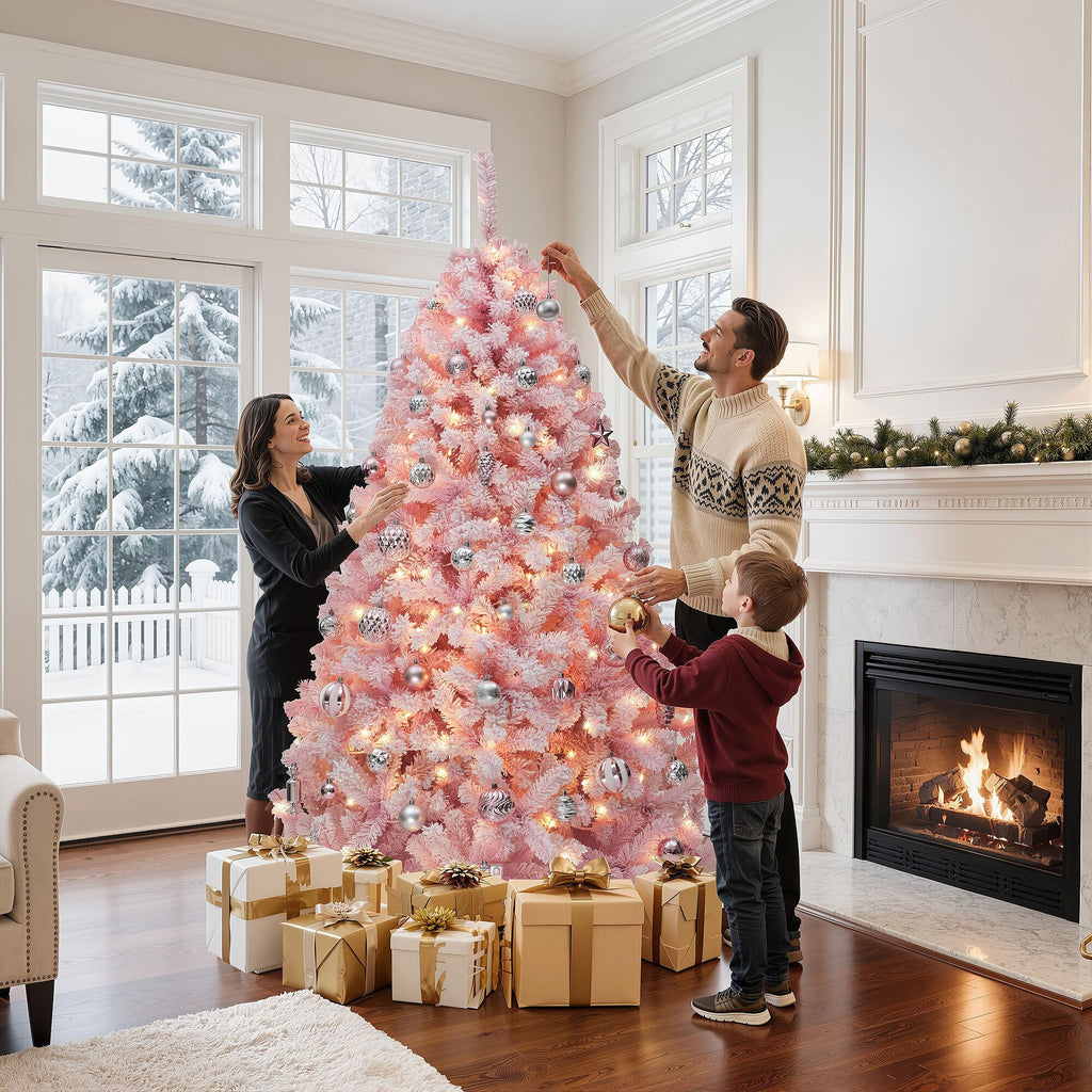 7.5ft Prelit Pink Flocked Christmas Tree w/ 550 Warm White Lights