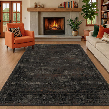Black Washable 5x7 Area Rug, Modern Abstract Non Slip Low Pile Rug, Dark Charcoal Stain Resistant Farmhouse Décor