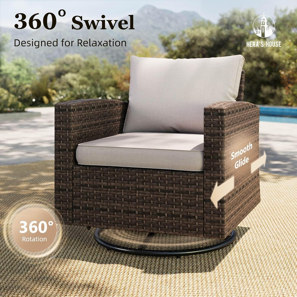 Swivel Glide Patio Furniture Set with Fire Pit Table Wicker | Outdoor 6 Pieces Sectional Conversation Sofa Sets for