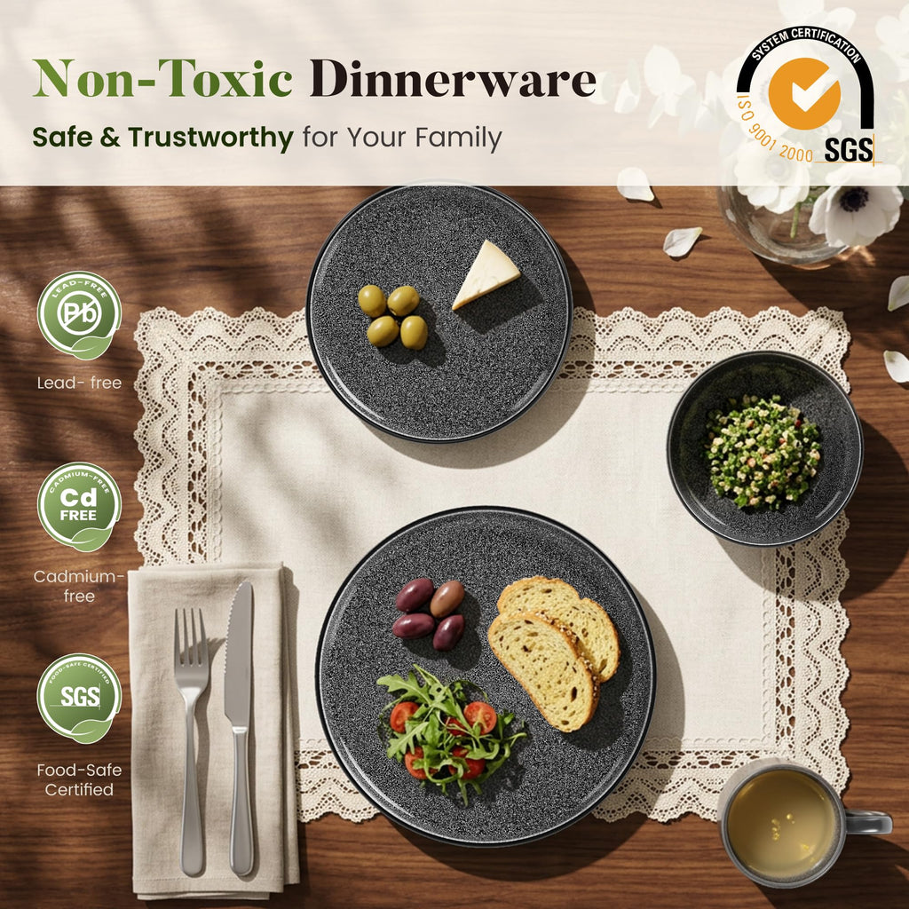 Fluted Ceramic Dinnerware Sets for 4, 16Pcs Stoneware Plates and Bowls Sets Non Toxic, Black Dishes Set, Oven &