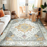 Area Rugs Washable Non-Slip, Floral Vintage Distress Print Pattern Medallion Carpet for Living Room Bedroom