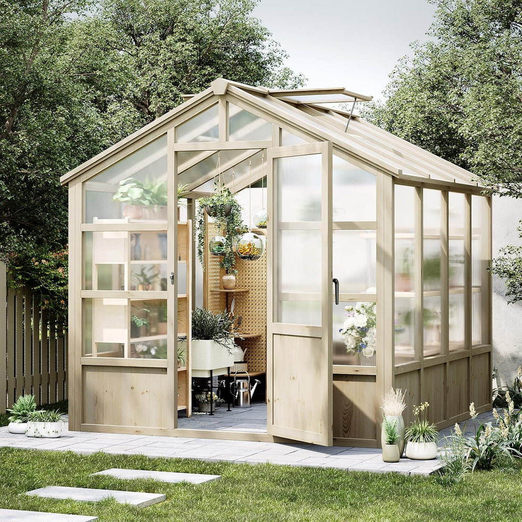 8x8FT Greenhouses for Outdoors, Wooden Greenhouse with Lockable Door, Wood Frame & Adjustable Vent, Polycarbonate