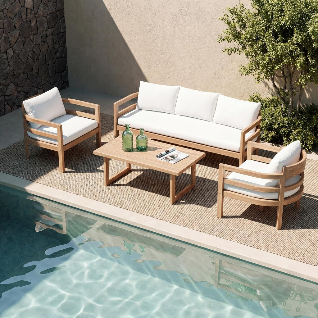 Alger 5-Seater Patio Furniture Set with Removable Cushion, 4 Piece Outdoor Acacia Wood Conversation Set, Wooden