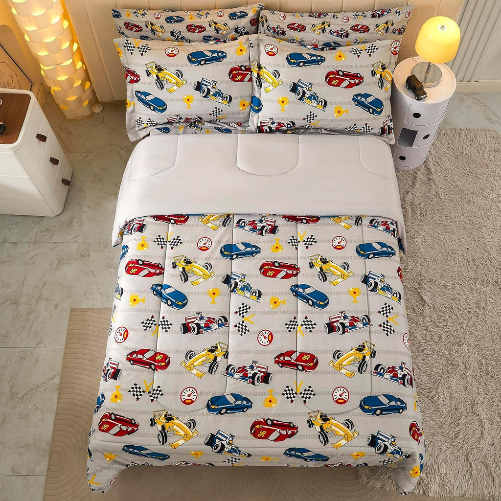 Twin Comforter Sets for Boys Kids, 6 Pieces Bed in a Bag Racing Car Bedding Comforter Sheet Set with Shams and