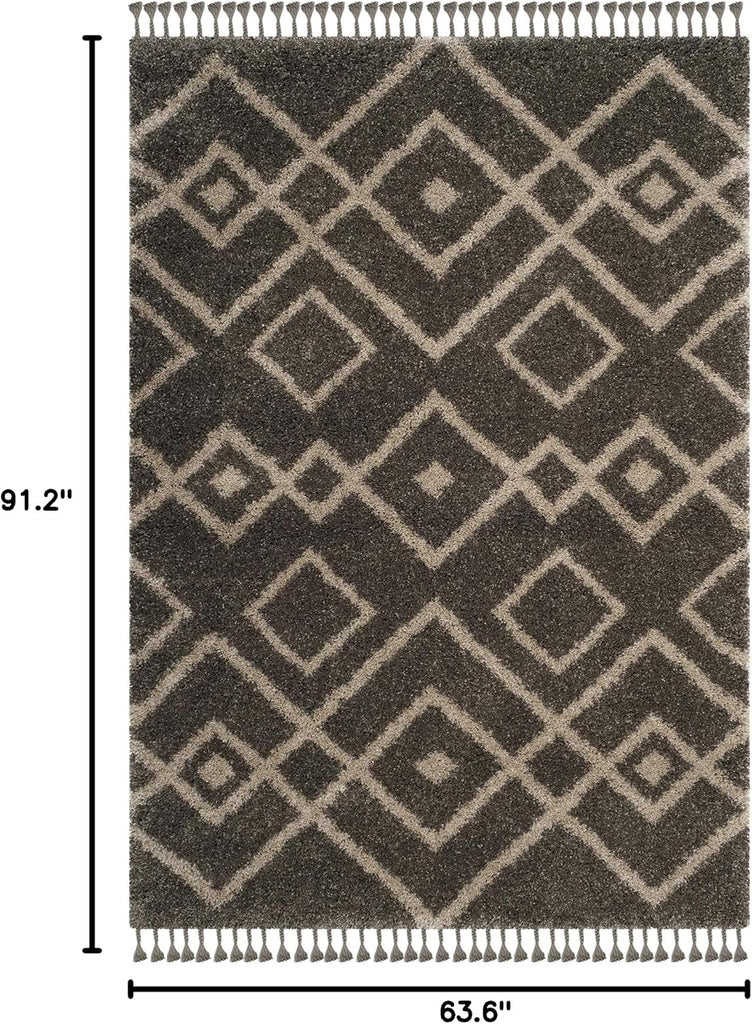 Moroccan Fringe Shag Collection Area Rug, Grey & Cream, Boho Tribal Design, Non-Shedding & Easy Care