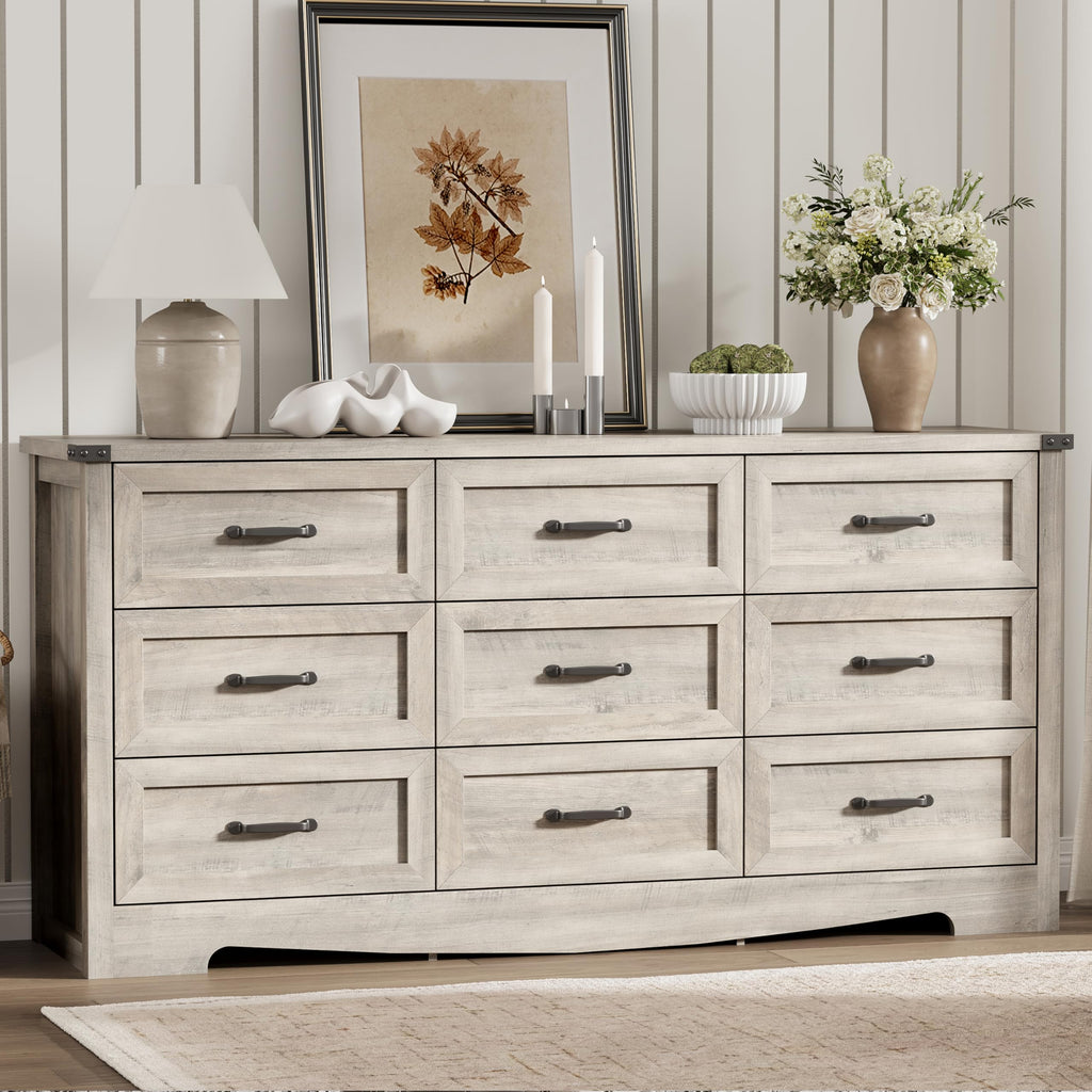 Dresser with 9 Drawers, 63" Wide Wood Chest of Drawers with Deep Drawers & Mental Handle, Modern Dresser TV Stand