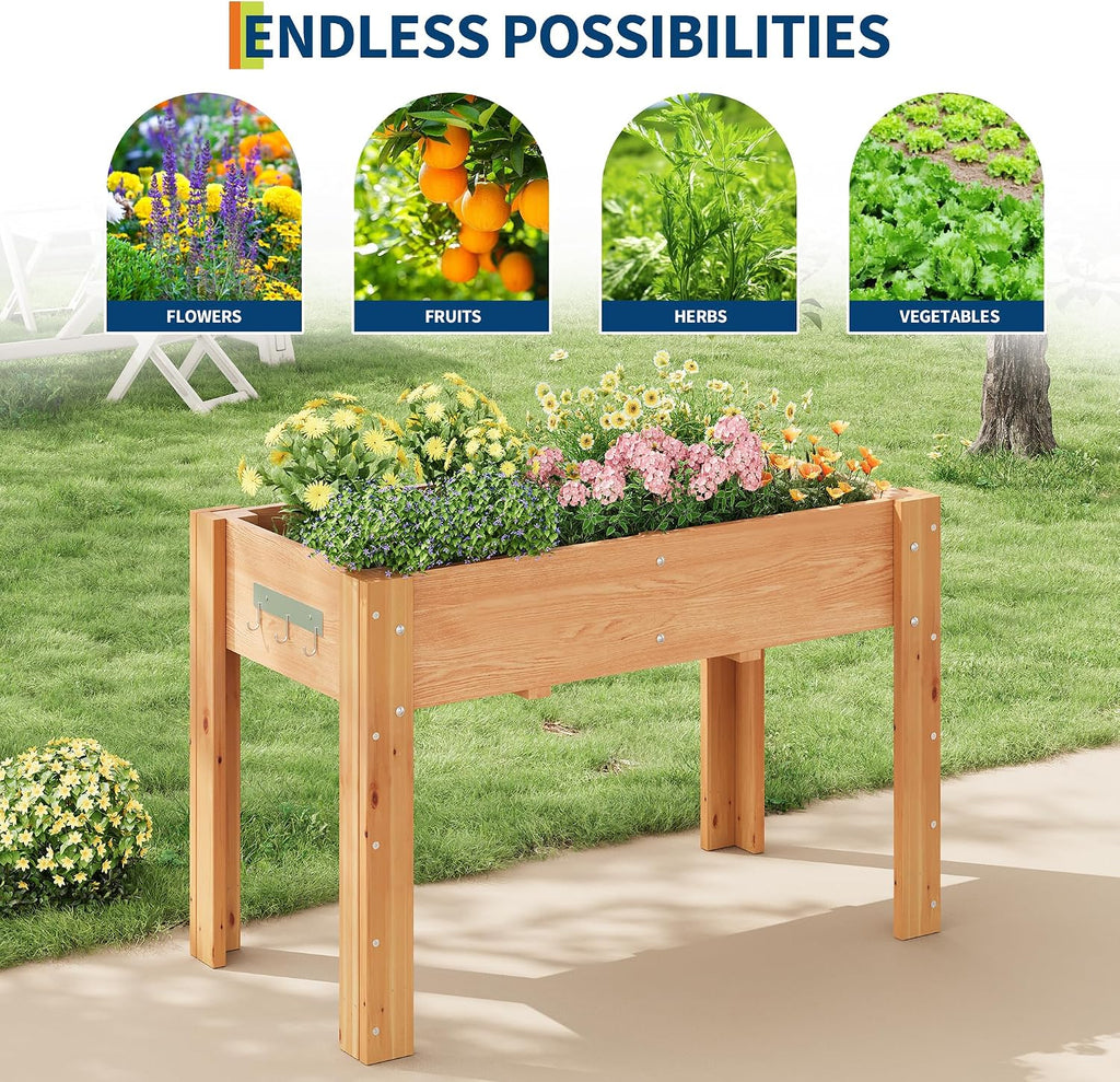 48"x24"x30" Raised Elevated Wooden Garden Planter Box | Reinforced Frame Built-in Hooks Drainage Holes & Matching