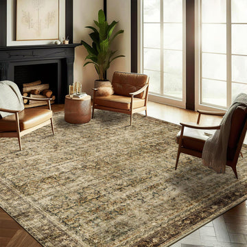 Area Rug 10x14 Washable Brown Vintage Traditional Mat Distressed Indoor Foldable Thin Retro Accent Floral Non Slip
