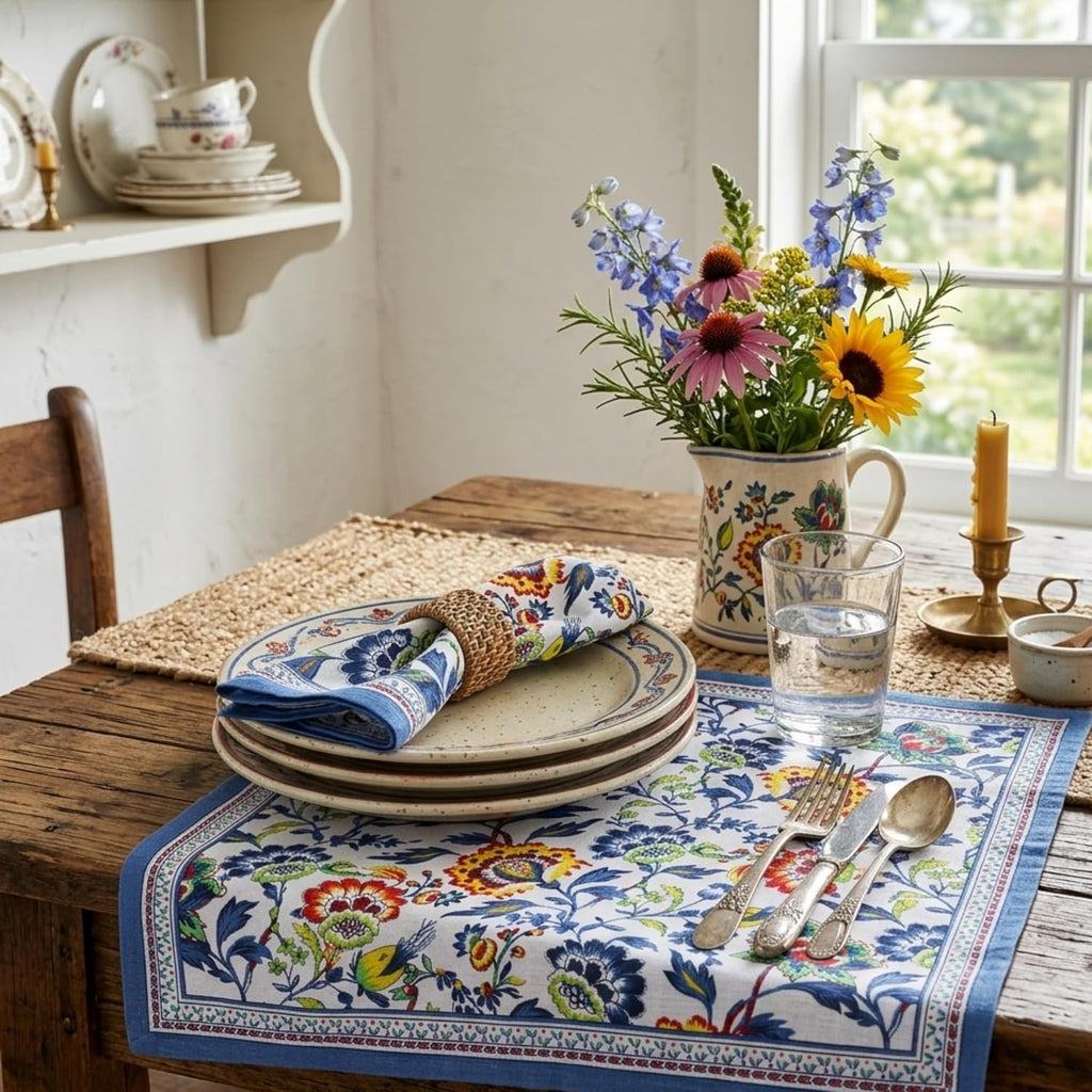 Cloth Napkins Set of 12 Cotton Linen, 20x20 Inch, Blue Floral | Mitered corner, washable, soft, absorbent, floral