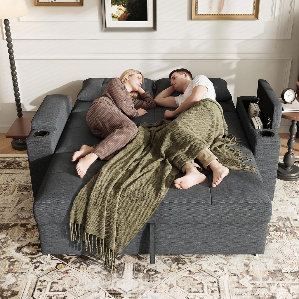 65'' Convertible Futon Sofa Bed, Fabric Pull Out Couch, Dark Grey | 3-in-1 Loveseat Sleeper Sofa with Adjustable