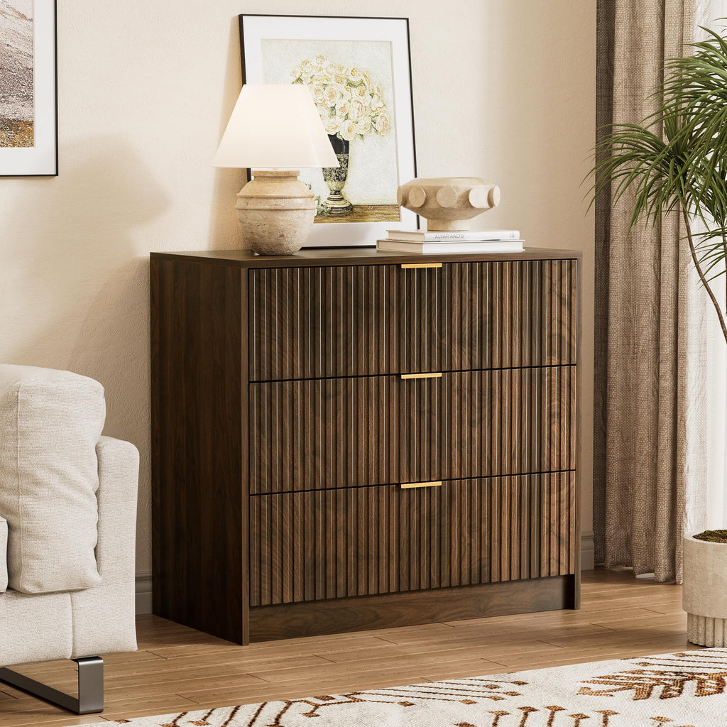 Fluted 3 Drawer Dresser, 31.5" Wide Chest of Drawers, Walnut