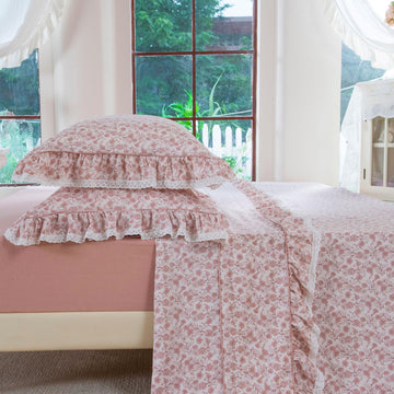 Blush Floral 100% Washed Cotton Sheets Set, 4 Piece Vintage Ruffle Bed Sheets with Lace Trim, Shabby Pink French