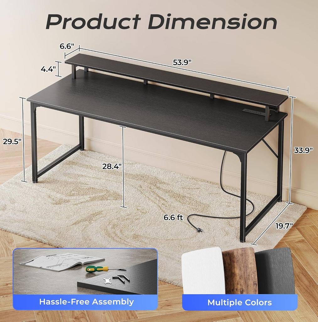 55 inch Gaming Desk, LED & Power Outlets, Monitor Stand, Black | Sturdy PC Desk , Study & Work, LED Lights, 4 AC