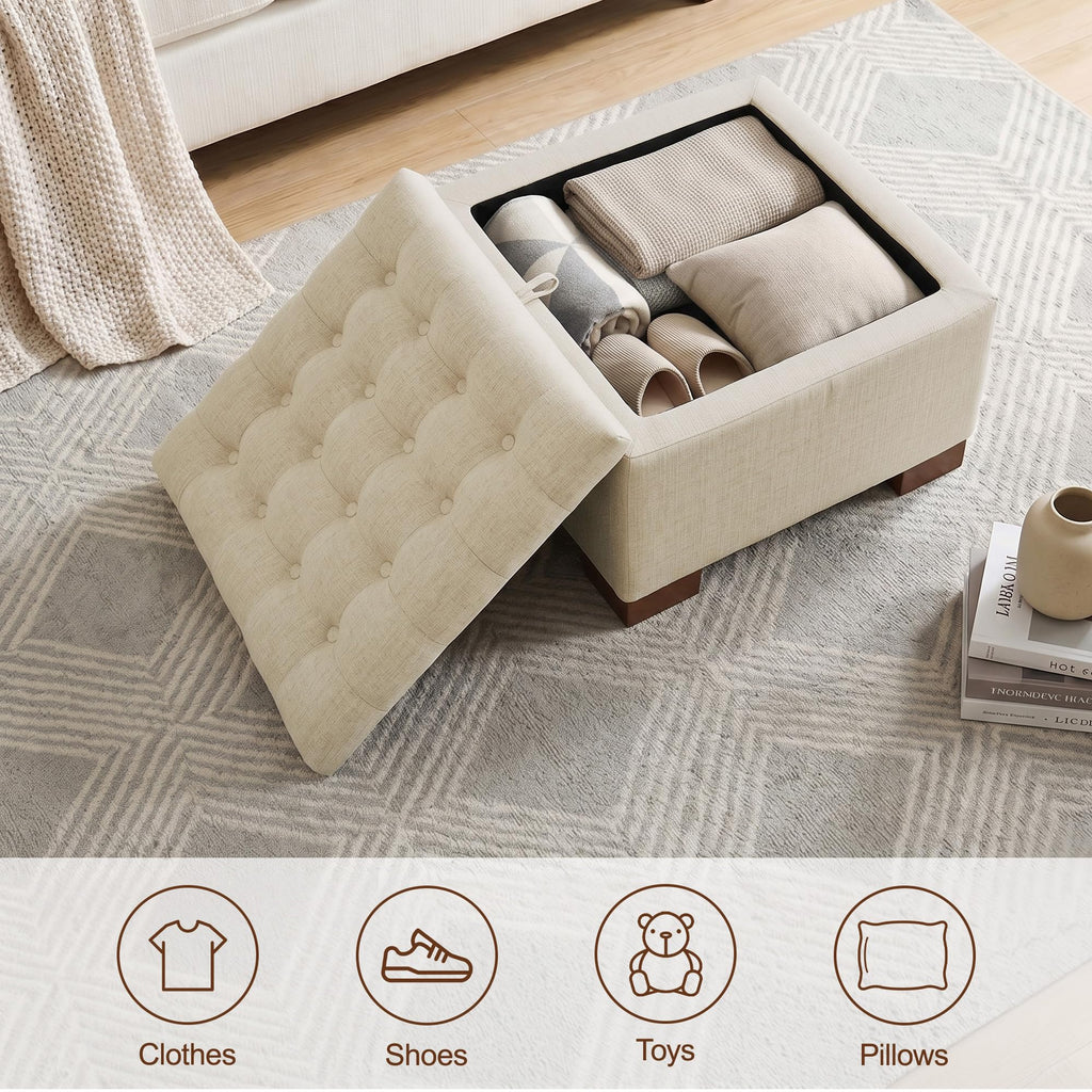 Square Storage Ottoman Coffee Table with Flip Tray, 24" Linen Khaki