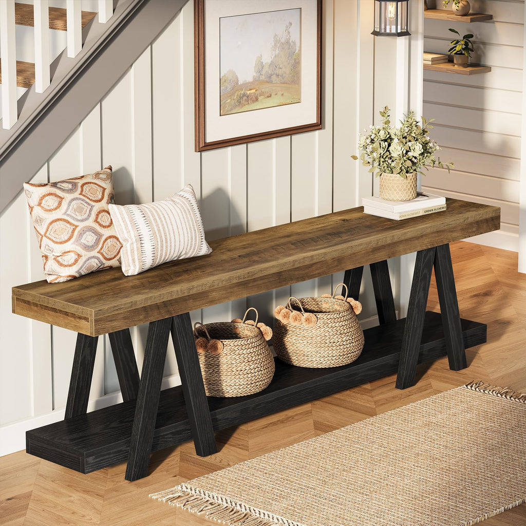 59.06-Inch Entryway Bench with Shoe Storage, Narrow Long 2-Tier End of Bed Bench with Open Shelves, Rustic Brown &