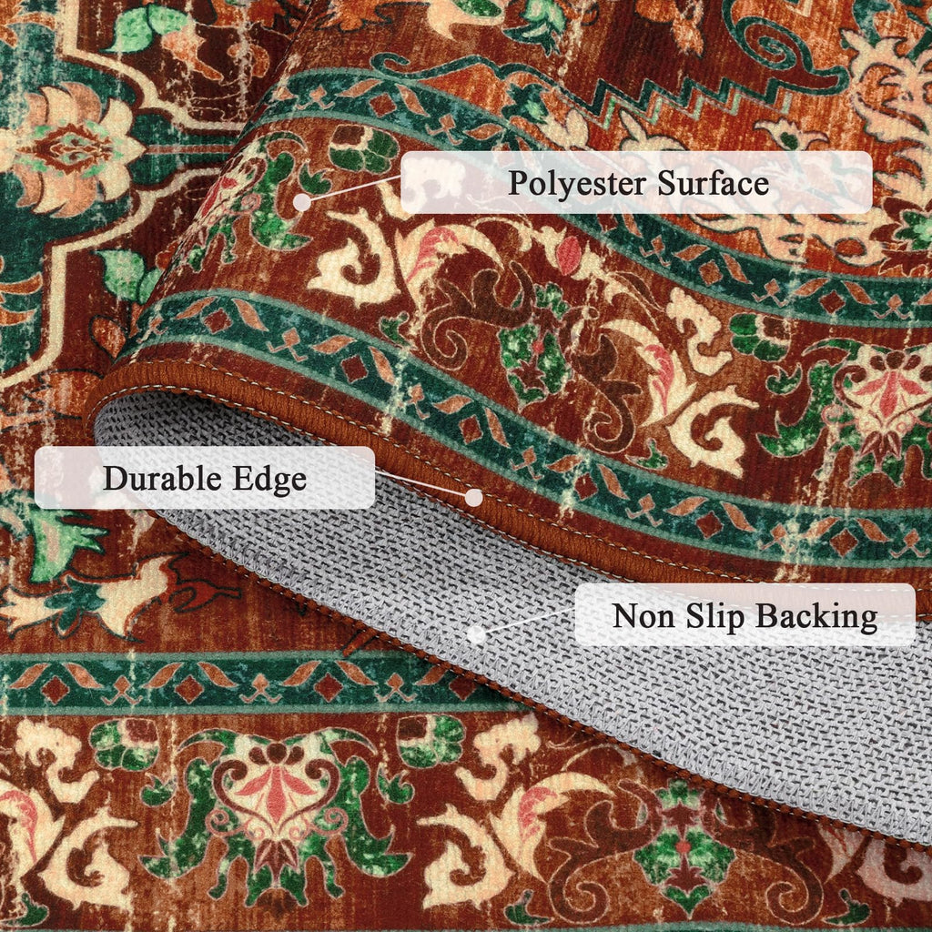 Boho Hallway Runner Rug, Washable Carpet, Rust&Teal