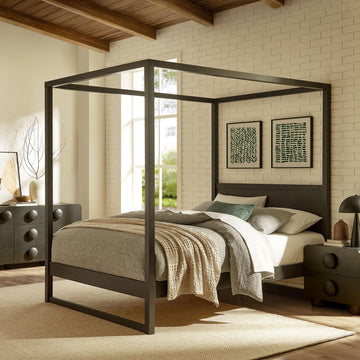 Alva 4-Post Wood Platform Canopy Bed in Smoked Oak - with Headboard and Solid Rubberwood Frame