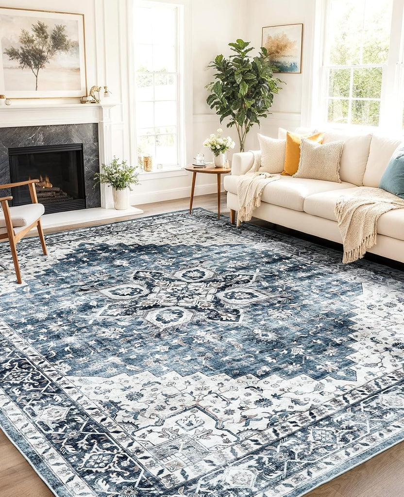 8x10 Washable Area Rug, Low-Profile with Non-Slip Backing & Durable Edge Binding, Vintage Large Rugs for Living Room