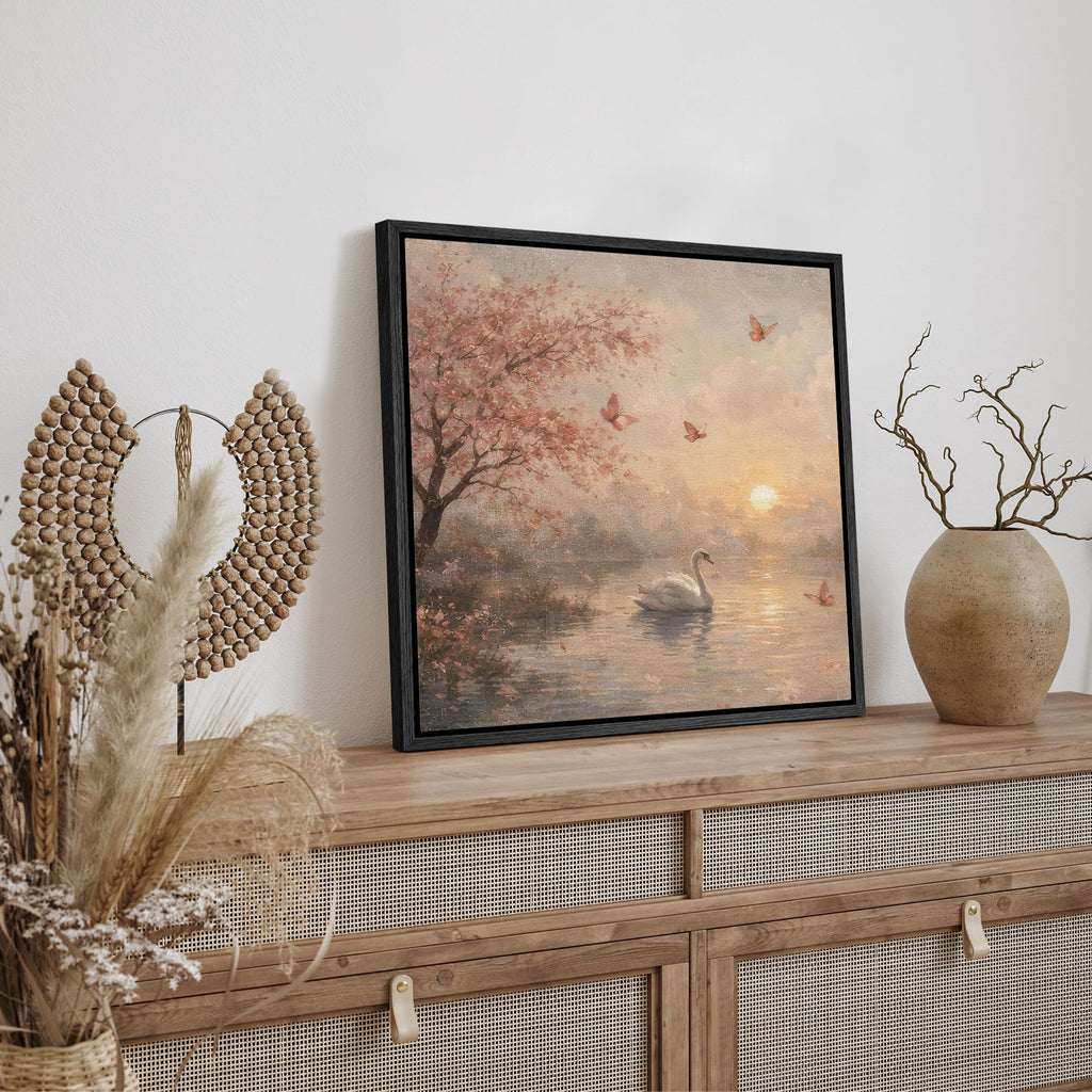 Framed Canvas Print Wall Art Swan Lake at Sunset with Cherry Blossoms Illustrations Realism Decorative Scenic