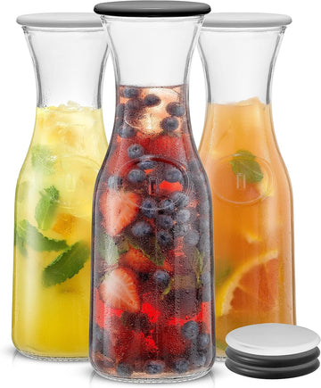 Glass Carafe with Lid, Set of 3 - 1 Liter Glass Pitcher for Mimosa Bar, Water, Iced Tea, Juice, Wine, Lemonade, Milk