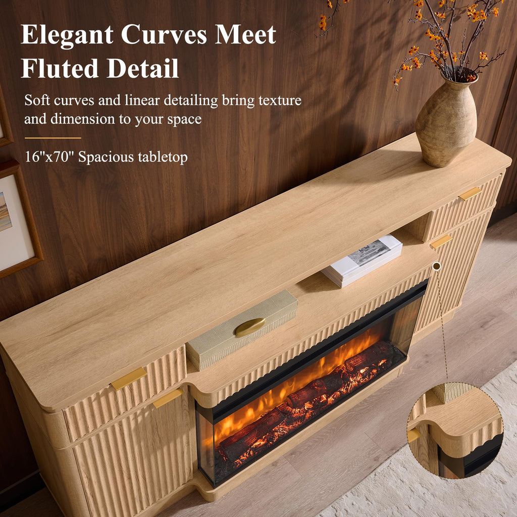 70'' Fireplace TV Stand with Storage, Fluted Media Console, Natural Oak