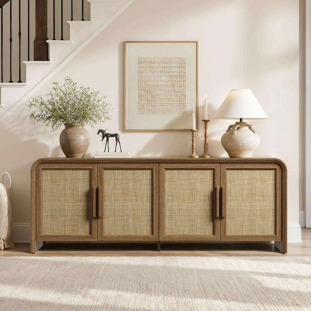 65'' Rattan TV Stand with Storage for 75" TV, Curved Edges Thicker Wood TV Consoles with Doors, Cable Management, Mid