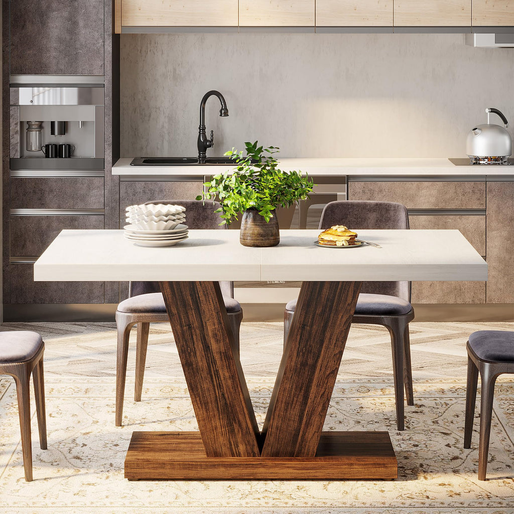47-Inch Dining Table for 4, White Kitchen Dinner Table with Heavy Duty Pedestal, Farmhouse Wooden Eating Table