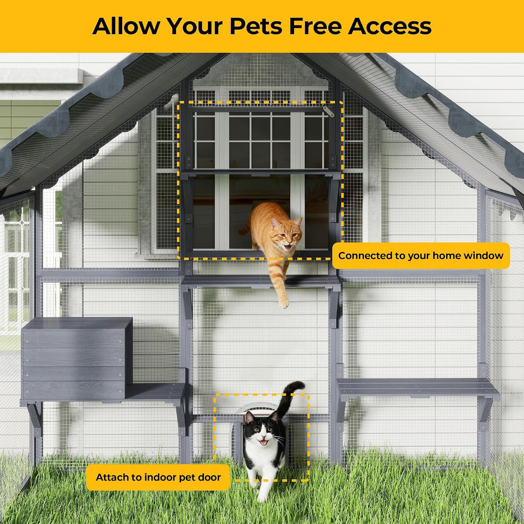 Large Cat Enclosure Catio Outdoor Walk-in Cat House, Grey
