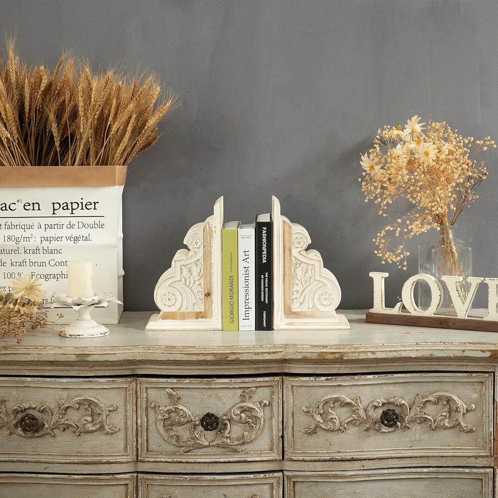1 Pair Rustic Handmade Distressed White Wood Bookends, Carved Pattern | Unique Decorative Heavy Book Holder