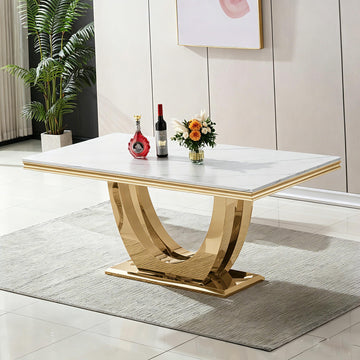 White Marble Dining Table Luxury Faux Marble Kitchen Table with U-Shape Mirrored Finish Pedestal Base, 68"