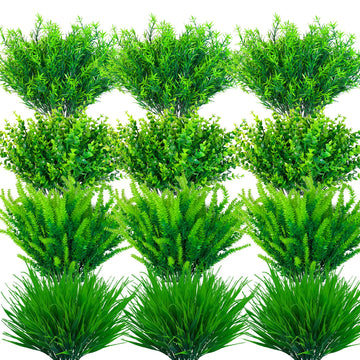 20 Pcs Artificial Outdoor Plants UV Resistant Fake Green Grass Plants for Spring Summer Decoration Bulk Faux Flower