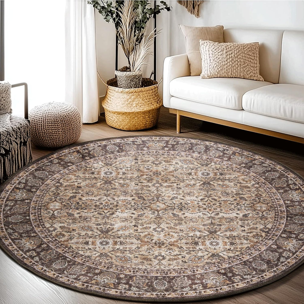 Washable Large Round Area Rug 6ft for Living Room, Washable Vintage Accent Distressed Faux Wool Ultr
