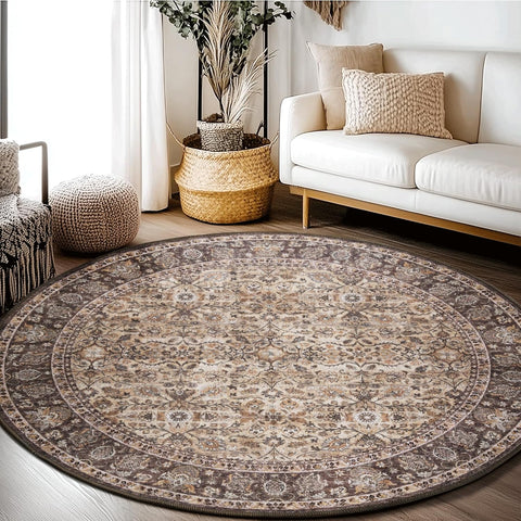 Washable Large Round Area Rug 6ft for Living Room, Washable Vintage Accent Distressed Faux Wool Ultr