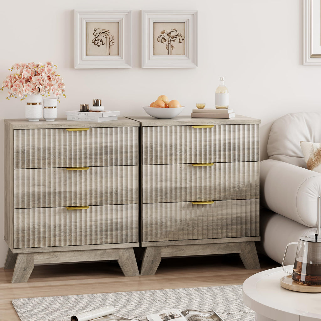 Fluted Nightstand with 3 Drawers, 24" Wide Side Table, Grey