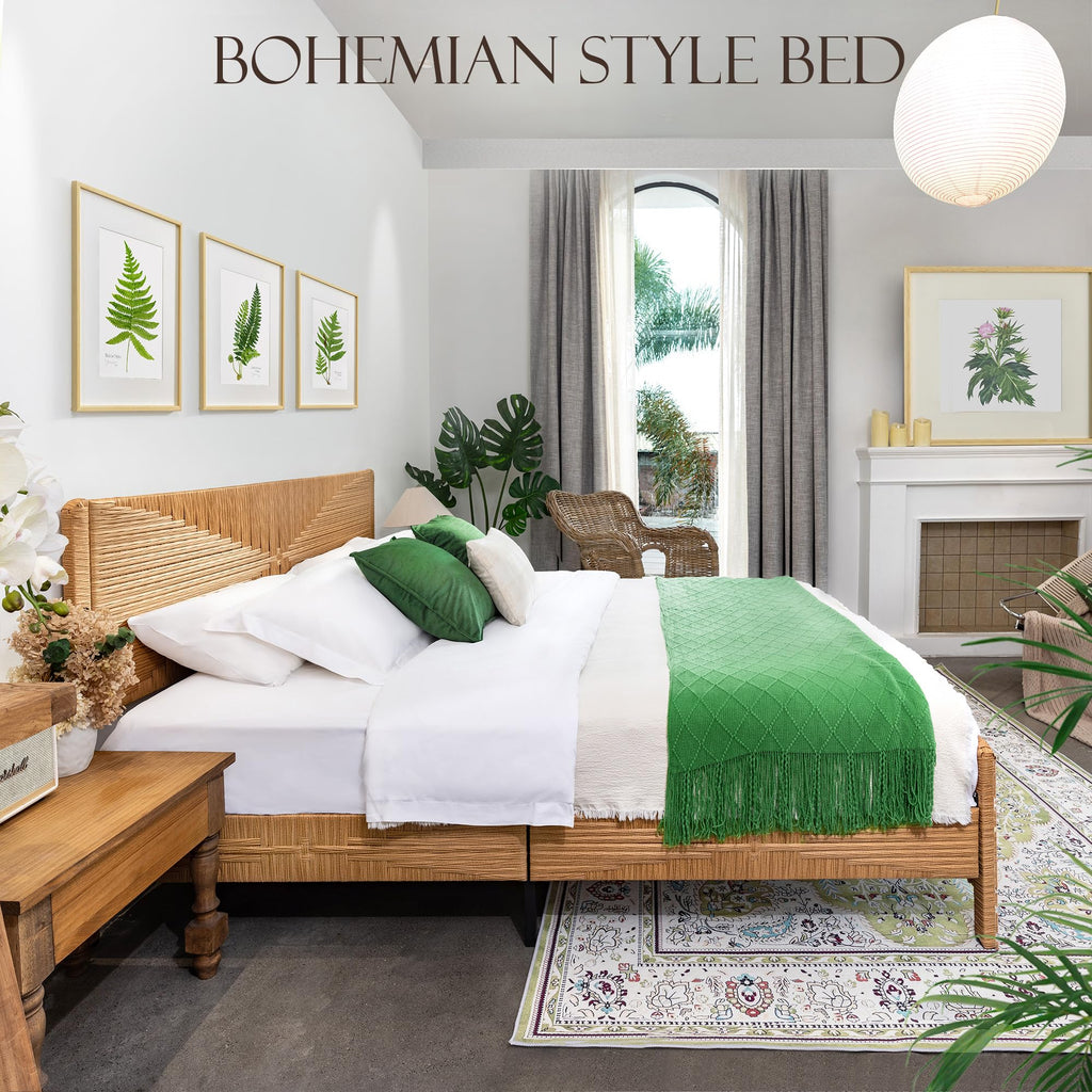 Hand-Woven PE Rattan Bed Frame with Headboard and Footboard, Boho Mid Century Modern Bedframe with Vintage