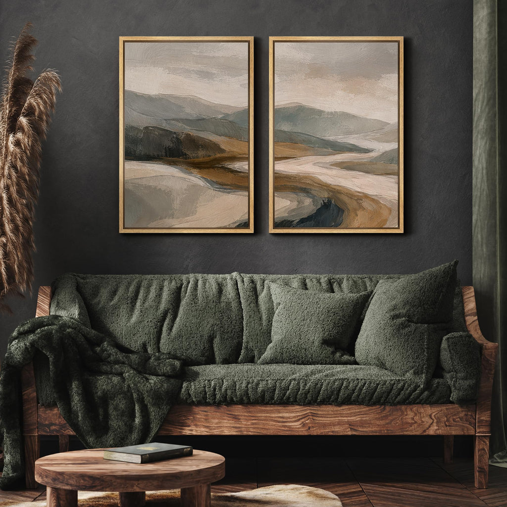 Framed Canvas Print Wall Art Abstract Mountain River Landscape Earth Tone Hills Illustrations Modern Art Decorative
