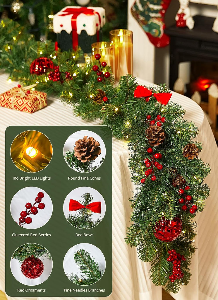 Christmas Garland with Lights, 9Ft Prelit Garland, 8 Light Modes & Timer
