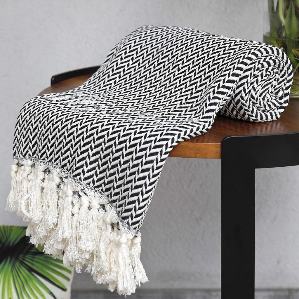 Premium Cotton Light Weight Boho Throw Blanket 50”x60” Gray Black and Off White
