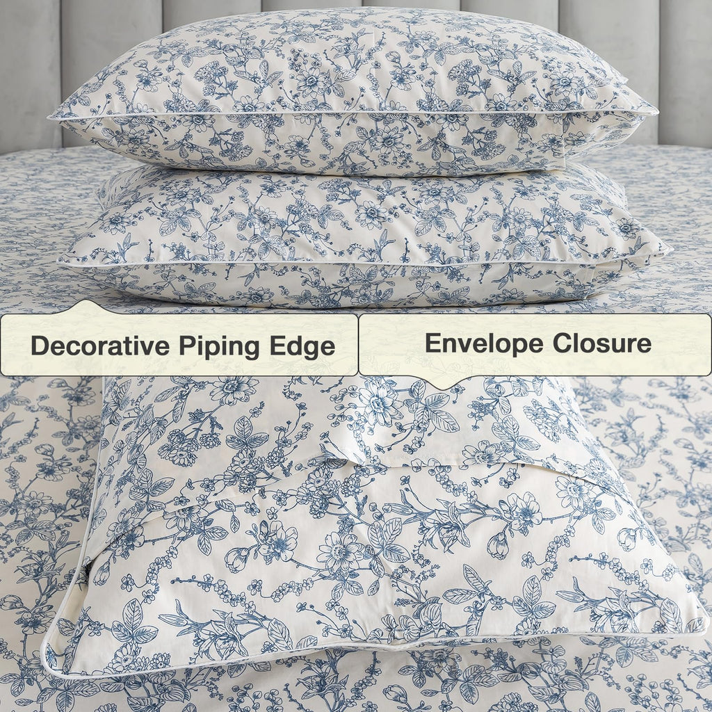 Vintage Floral Percale Sheets, Deep Pocket, White & Blue