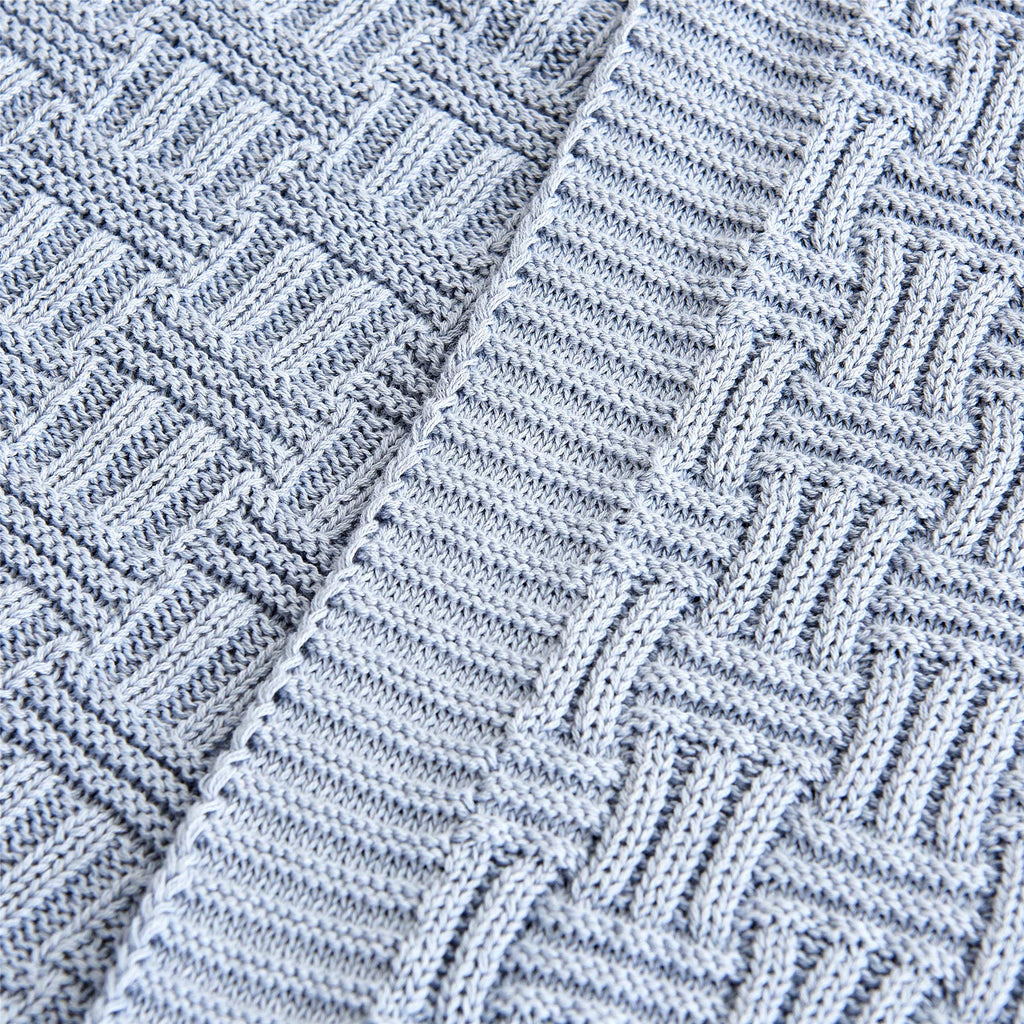 Large Grey Blue Cotton Knit Throw Blanket for Couch Sofa Bed - Home Decorative Soft Cozy Sweater Woven Fall Cable