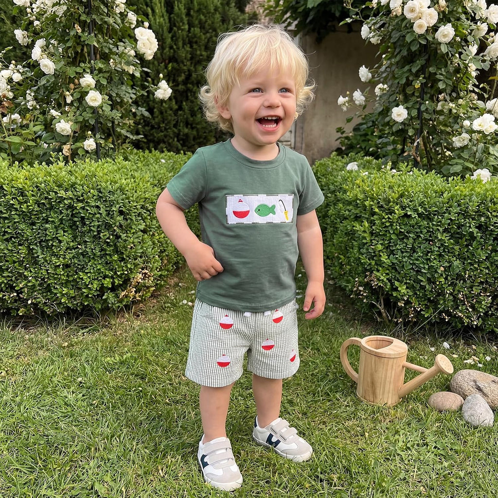 2PCS Summer Outfit Toddler Baby Boy Sailboat/Helicopter/Fish Short Sleeve T-Shirt Plaid Shorts Set