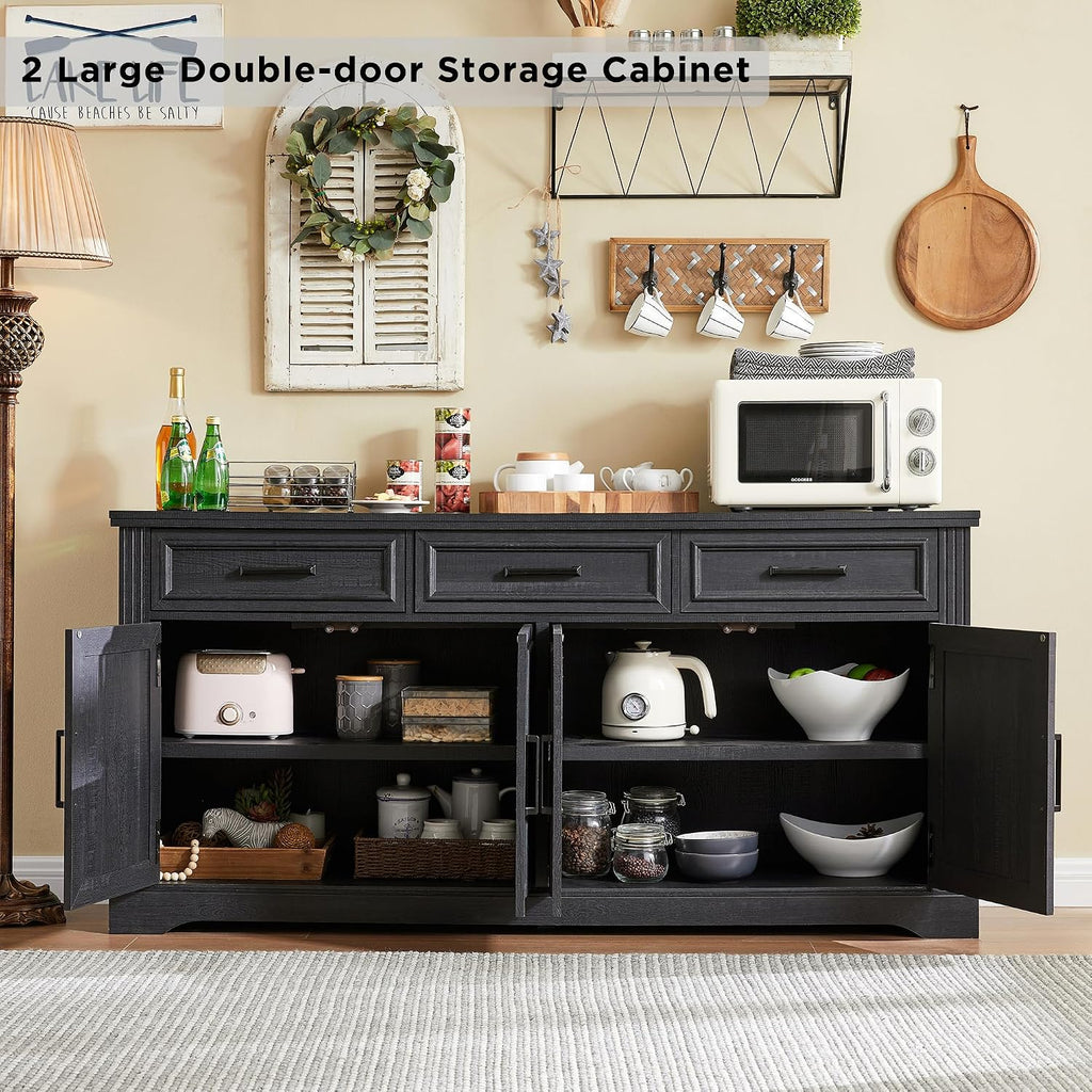 66" Farmhouse Buffet Cabinet with Storage, Sideboard Credenza, Carved Cloud-Inspired Doors, 3 Drawers & Adjustable